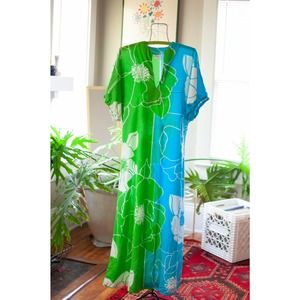 vintage 70s floral green and blue maxi dress